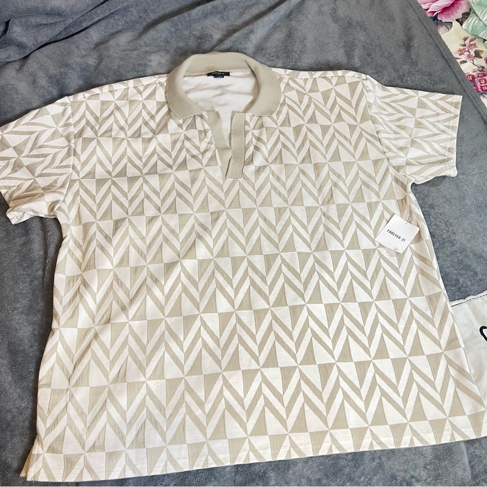 Forever 21 Cream Geometric Polo Shirt